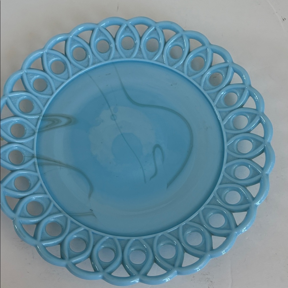 Challinor & Taylor blue milk glass slag glass 8” and 10” scroll and eye plates - Picture 9 of 14